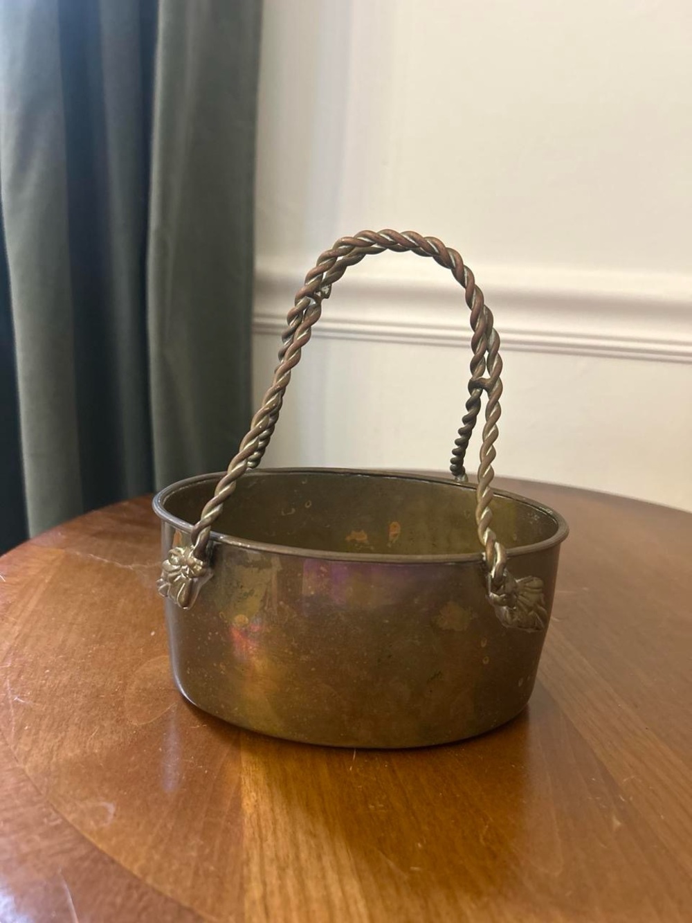 Vintage Mottahedeh Brass Oval Decorative Basket with Twisted Handle